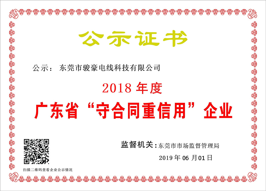 1-1Z6060T051K0 乐虎lehu电线荣获2018年度广东省“守合同沉信誉”企业证书